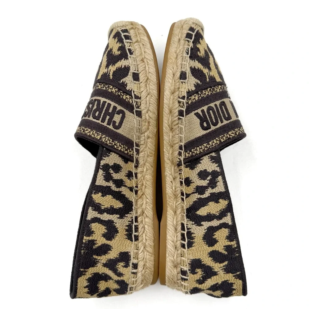 Christian Dior Granville Leopard Espadrilles Beige Black Logo Flat 37 / 7